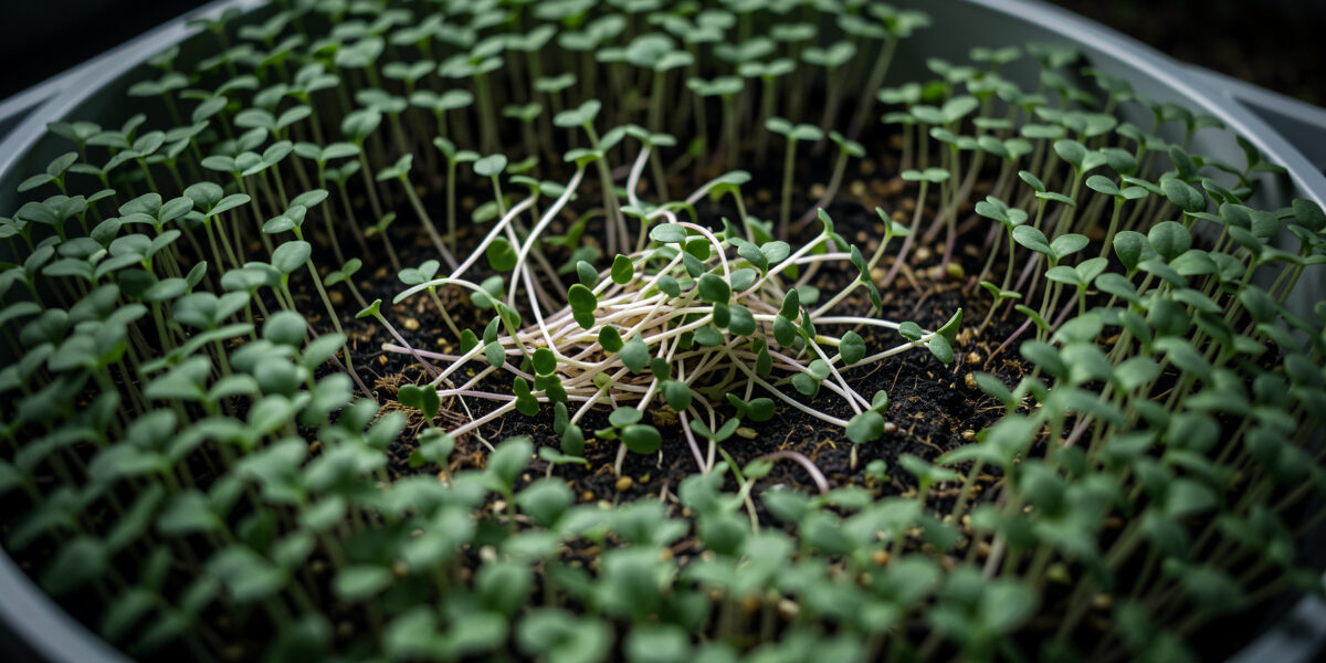 A patch of microgreen seedlings collapsed in an expanding circular dead spot in an otherwise green tray
