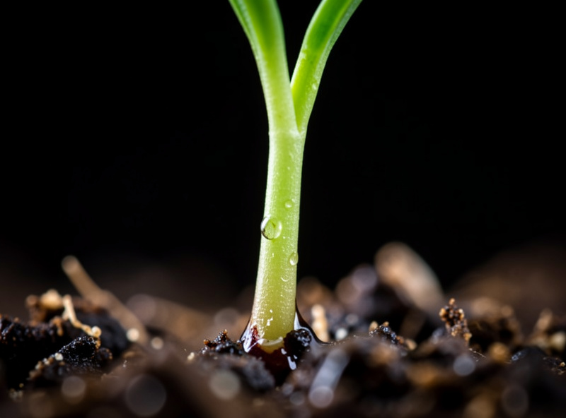 Extreme macro of a microgreen seedling stem pinched thin and water-soaked at the soil line where it toppled
