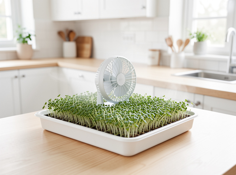 A healthy well-spaced tray of microgreens with a small fan and good airflow in a bright clean kitchen