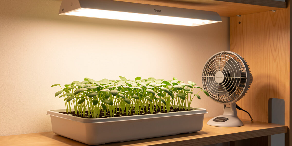 Clean seedling tray under a grow light with a small clip fan providing airflow beside sturdy green seedlings