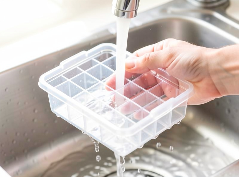 Hand rinsing a clean empty plastic cell tray under running water to sterilize it between sowings