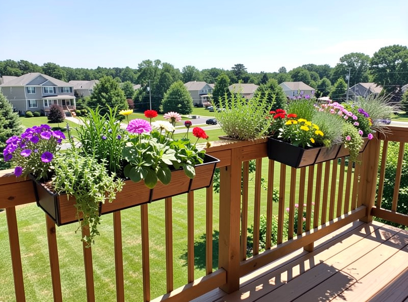 Wooden deck railing with mounted planters full of colorful flowers and herbs on a sunny balcony