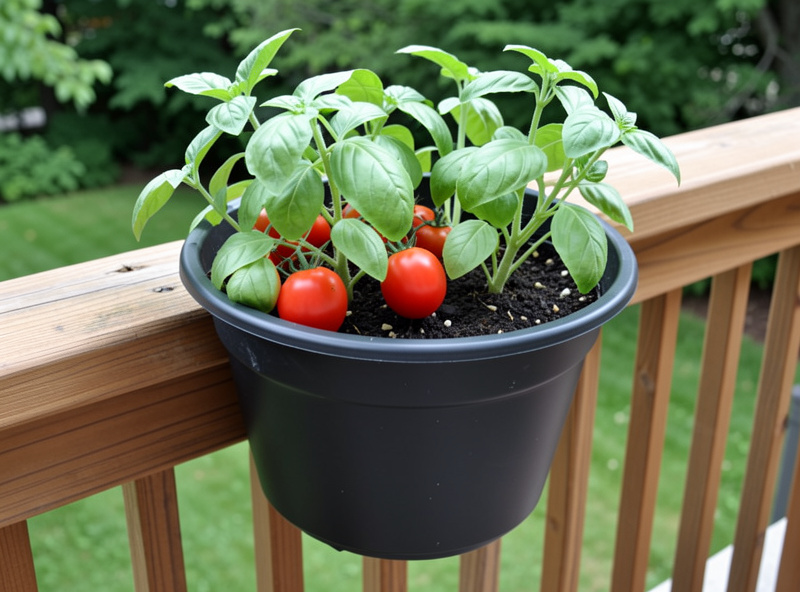 Close-up of a self-watering deck rail planter with cherry tomatoes and basil thriving, attached to a wooden railing