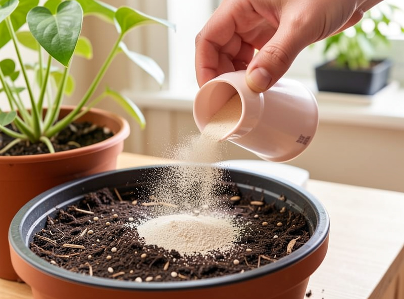 Sprinkling diatomaceous earth powder onto potting soil surface as natural gnat barrier