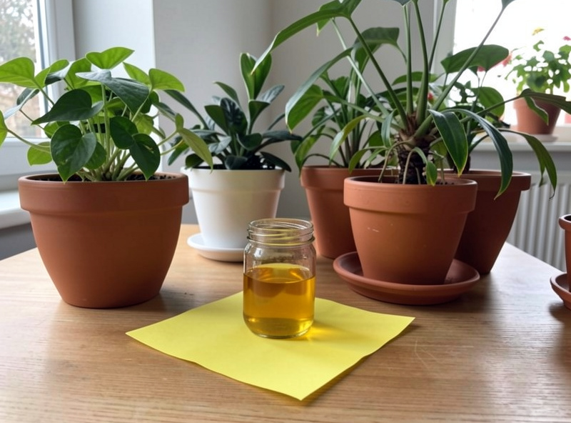 DIY fungus gnat trap made from yellow sticky paper and apple cider vinegar placed near houseplants