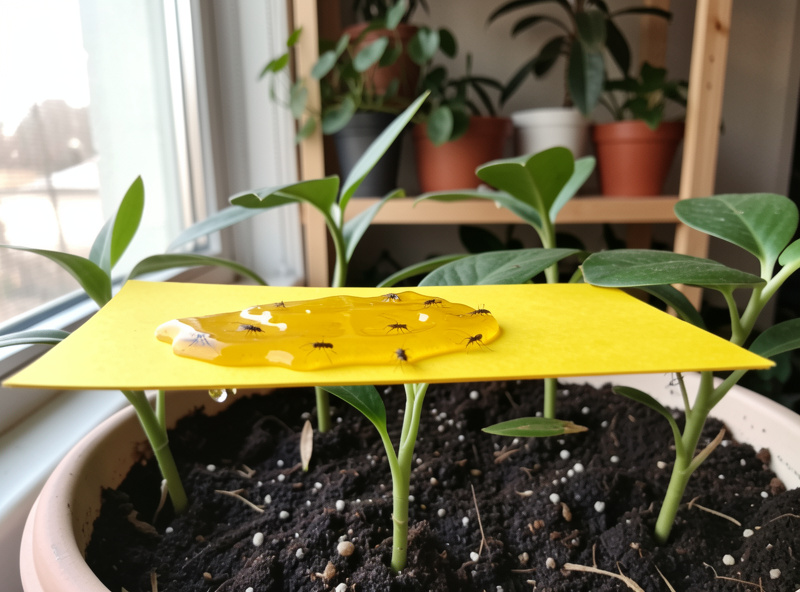 Homemade sticky trap with yellow card catching fungus gnats above plant soil in an apartment