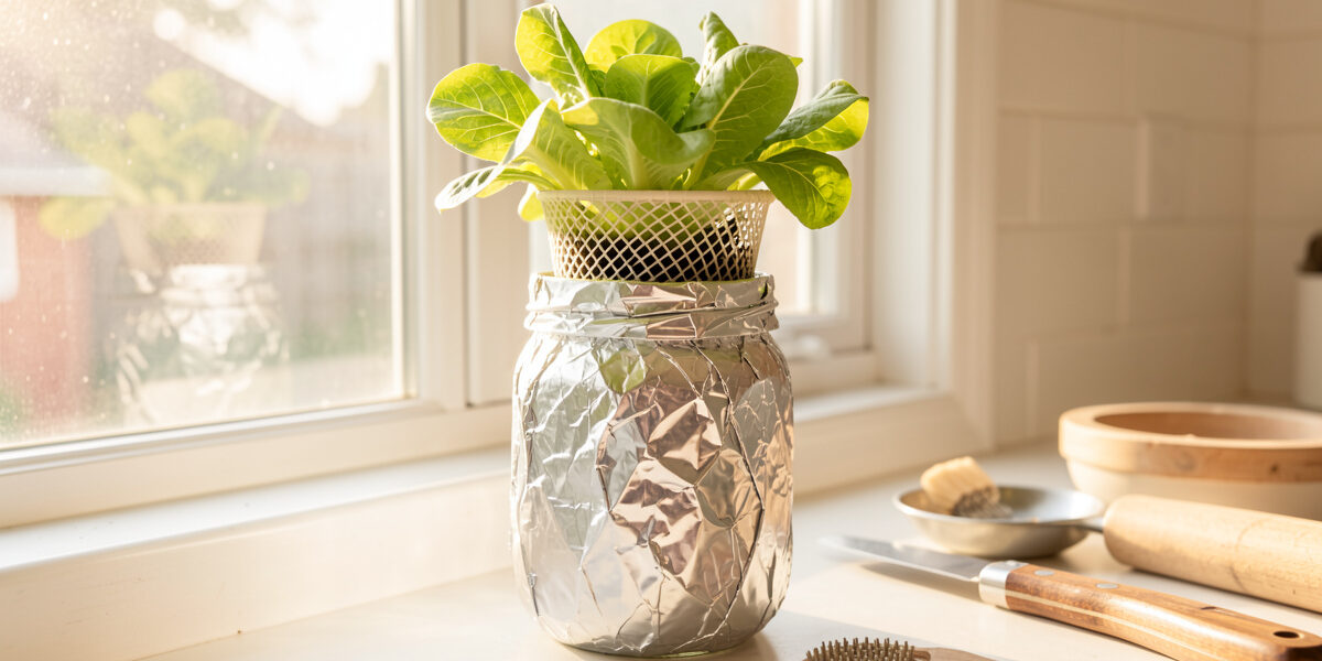 Foil-wrapped widemouth mason jar holding a net cup with a young lettuce plant on a windowsill
