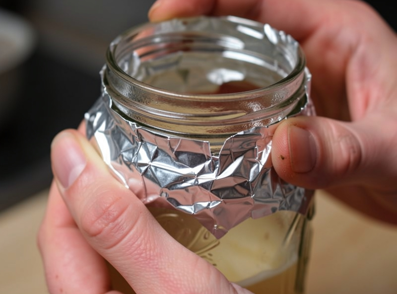 Hands wrapping a glass mason jar in aluminium foil to block light from the nutrient solution