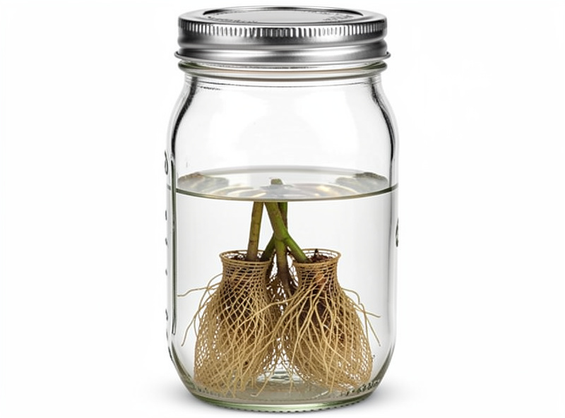 A mason jar Kratky setup showing the air gap between the falling water line and the net cup roots