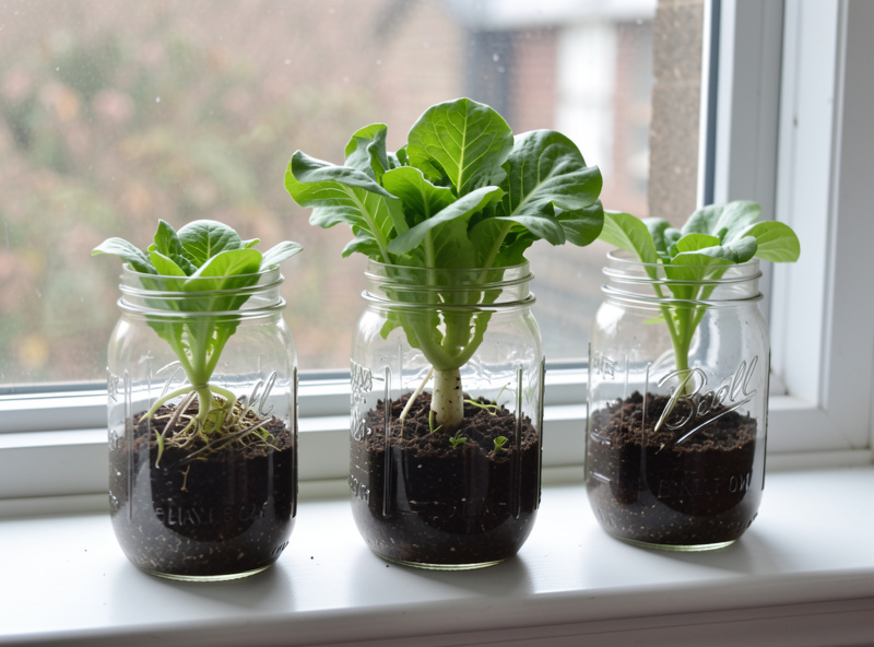 Three mason jar lettuces at different growth stages lined up on a windowsill in staggered succession