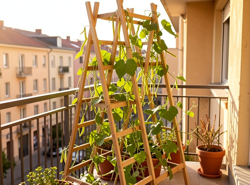 DIY A-frame wooden trellis on an apartment balcony with climbing beans and peas