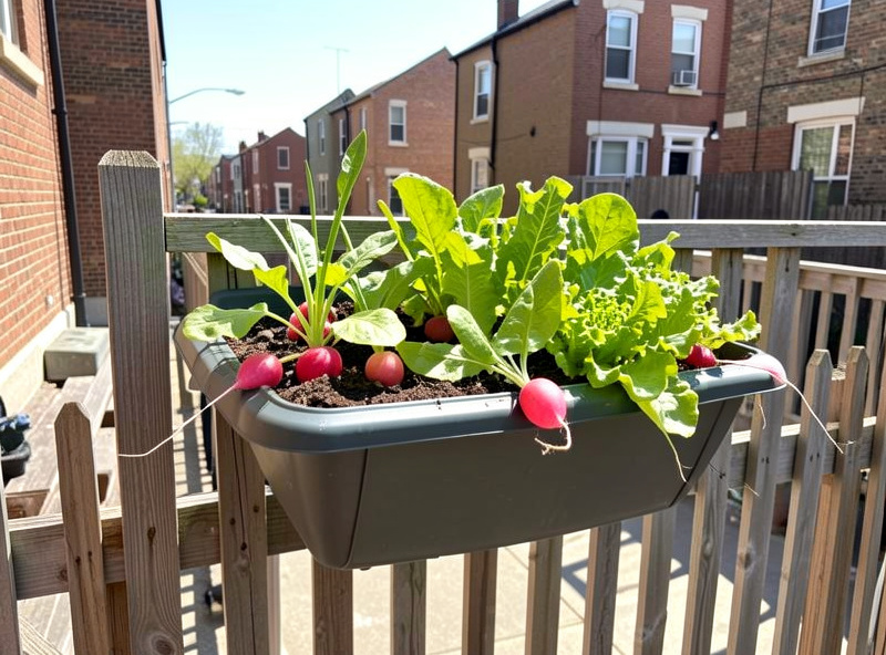 DIY gutter garden mounted on a sunny fence with lettuce and radishes growing
