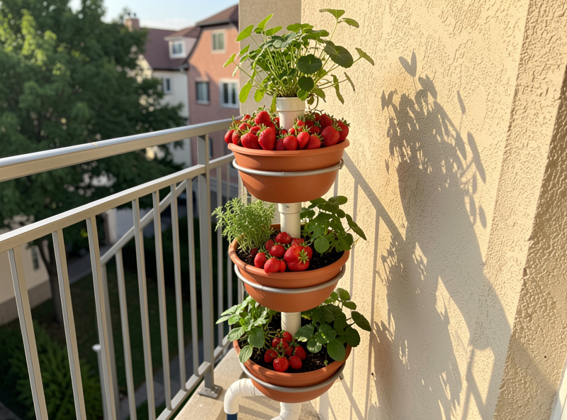 DIY PVC pipe vertical tower planter with strawberries and herbs on a small balcony