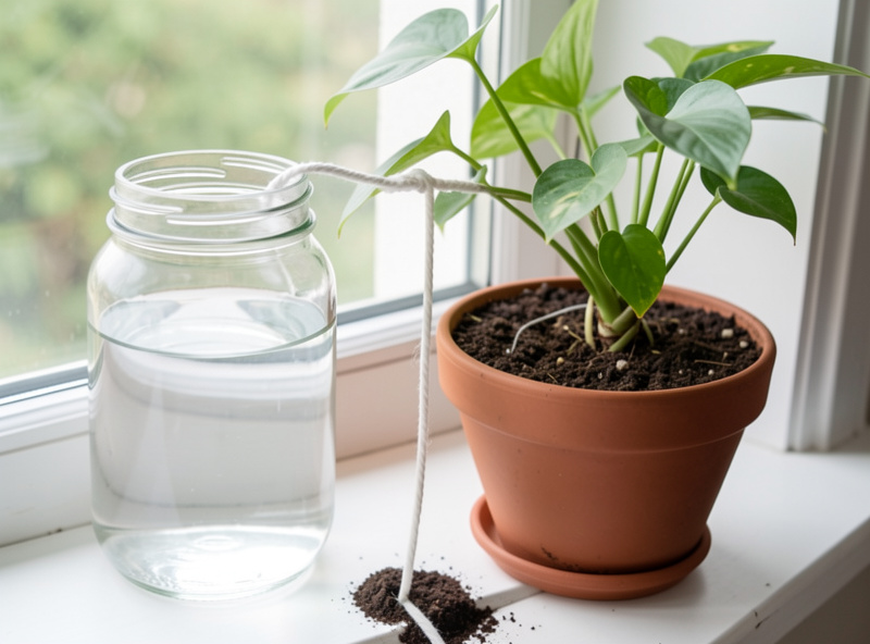 A length of white cotton rope running from a glass jar of water up into the soil of a potted houseplant on a windowsill