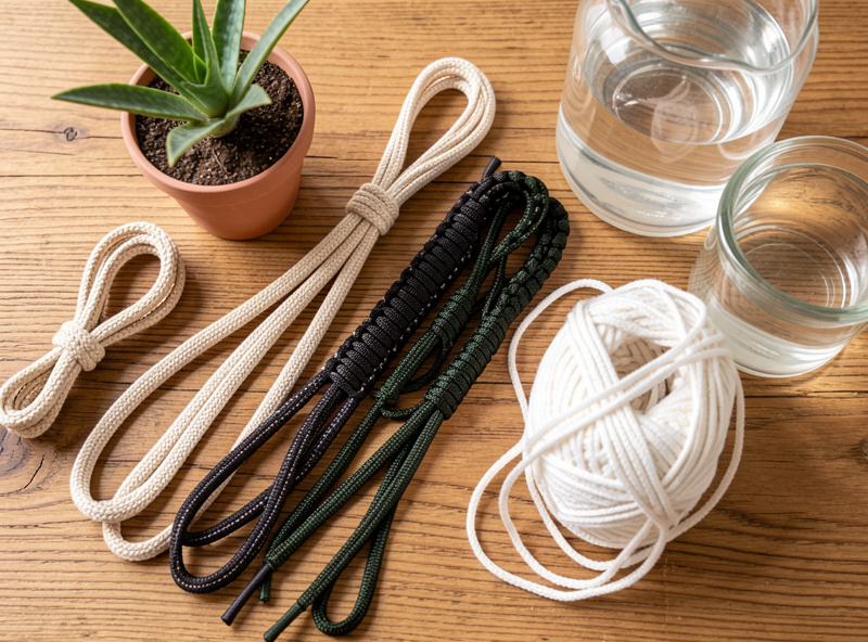 Several different cords laid out on a table for comparison next to a small plant pot and a water jar