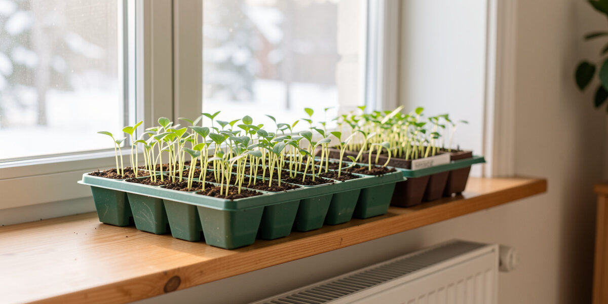 Seed trays of young seedlings on a warm windowsill above a radiator in a bright winter apartment