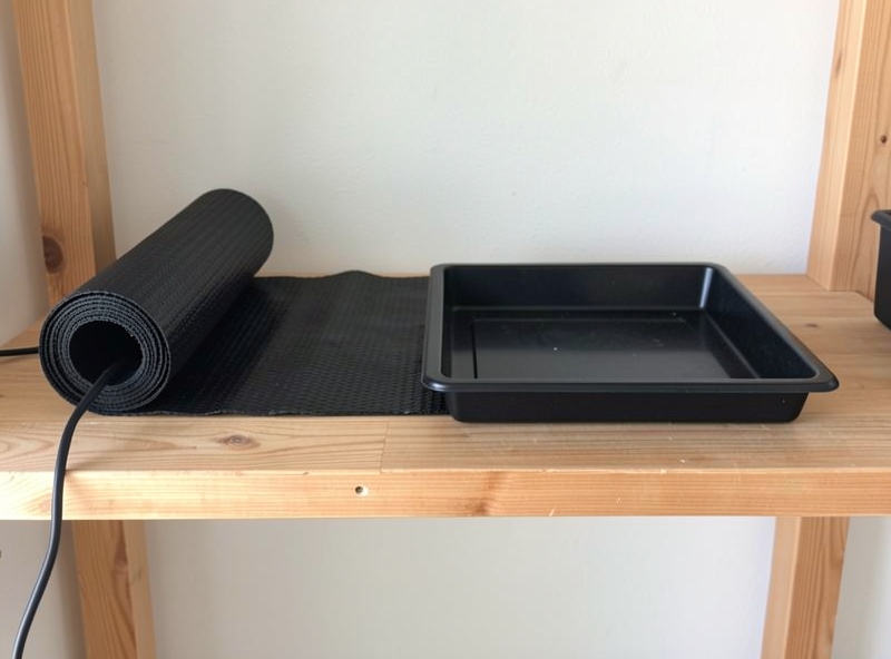 A black seedling heat mat rolled out on a wooden shelf with an empty cell tray resting on it