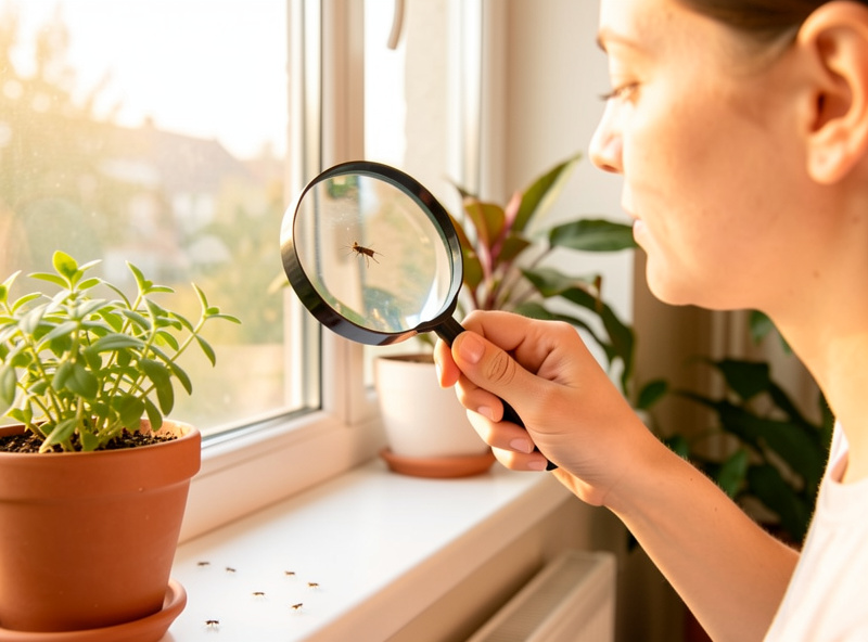 Person examining a tiny flying insect with magnifying glass, confirming fungus gnats are harmless and do not bite