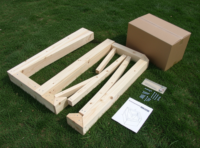 Flat pack raised garden bed kit with precut wooden panels and hardware laid out on grass