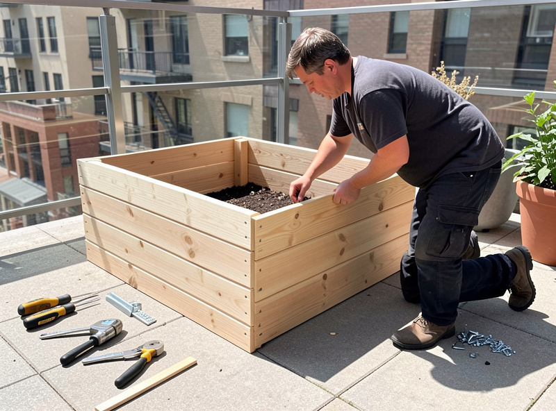 Person assembling a cedar flat pack raised garden bed on a sunny urban patio, sliding dovetail wood panels together
