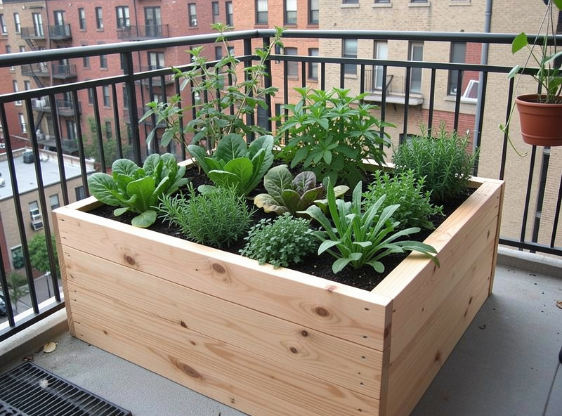 Completed flat pack raised garden bed made of cedar wood filled with leafy vegetables and herbs in an urban setting