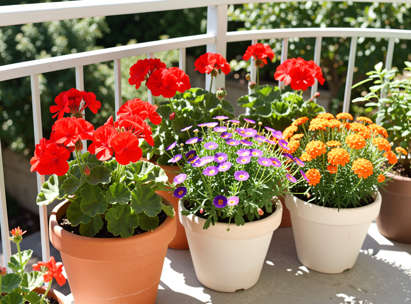 Cluster of full-sun container flowers including red geraniums, portulaca, and orange lantana in light-colored terracotta pots on a hot sunny balcony