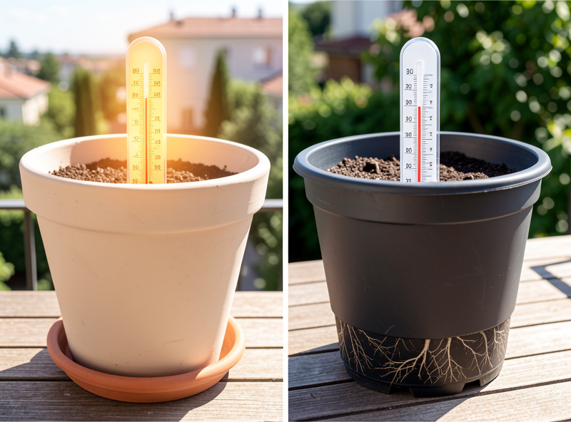 Comparison of a light-colored terracotta pot and a dark plastic pot side by side in full sun on a balcony, illustrating heat absorption difference