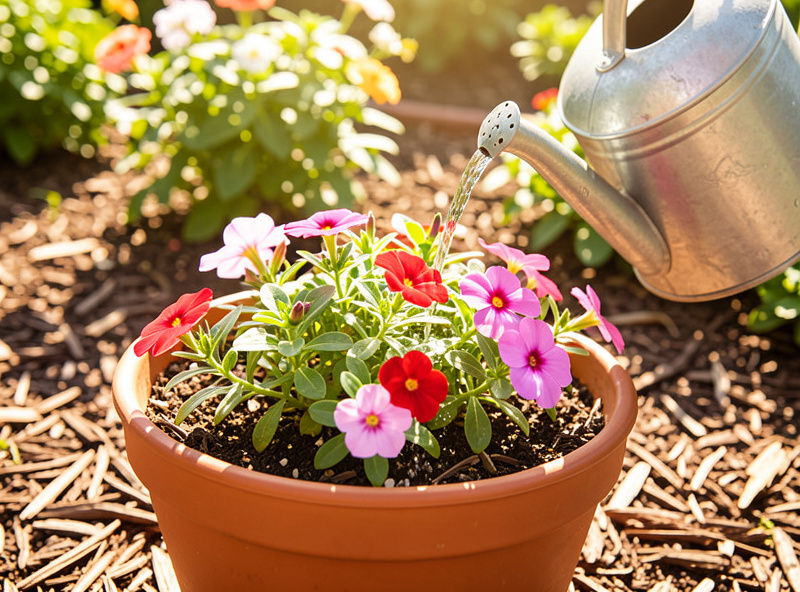 Morning watering of a sunny container of portulaca and vinca flowers with a layer of bark mulch on the soil surface, bright sunlight