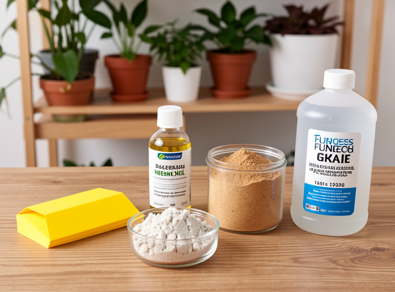 Fungus gnat control methods arranged on a wooden table: yellow sticky traps, neem oil, diatomaceous earth, cinnamon, sand, and hydrogen peroxide