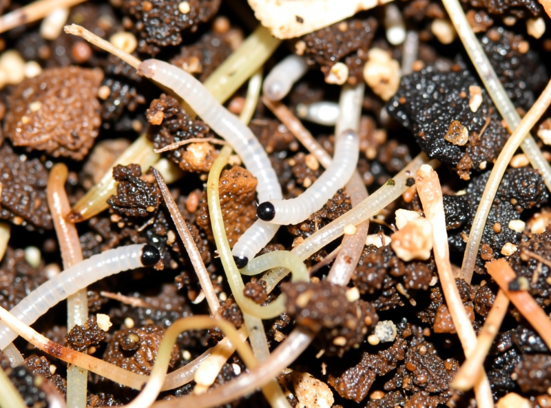 Close-up macro photograph of fungus gnat larvae in potting soil showing tiny white maggots with black heads