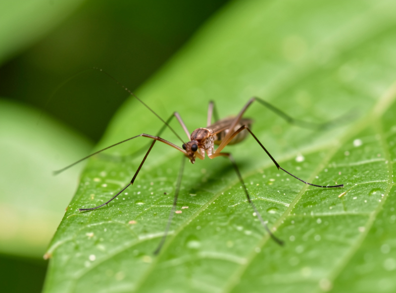 Close-up of a fungus gnat on a green leaf, showing its small mosquito-like body and long legs, harmless insect portrait