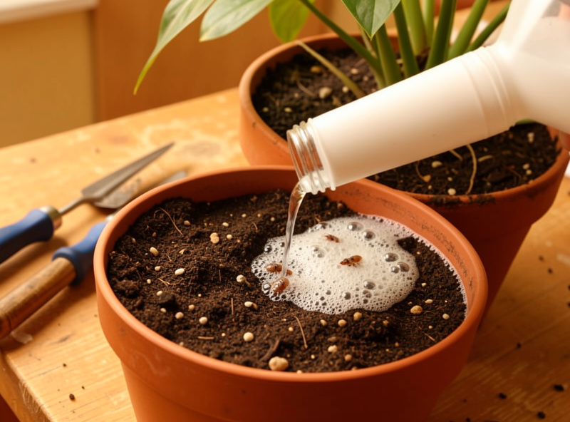 Hydrogen peroxide being poured onto potting soil surface, fizzing action killing fungus gnat larvae