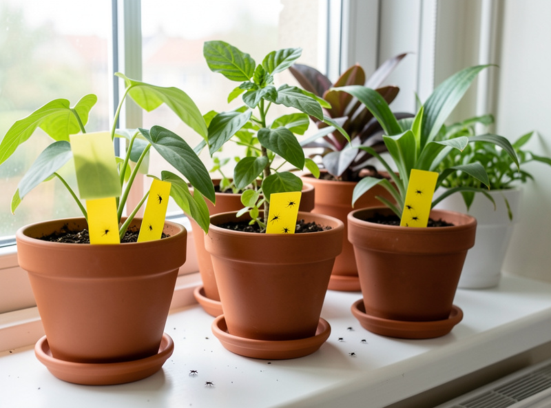 Yellow sticky traps placed in houseplant pots catching fungus gnats near a sunny windowsill