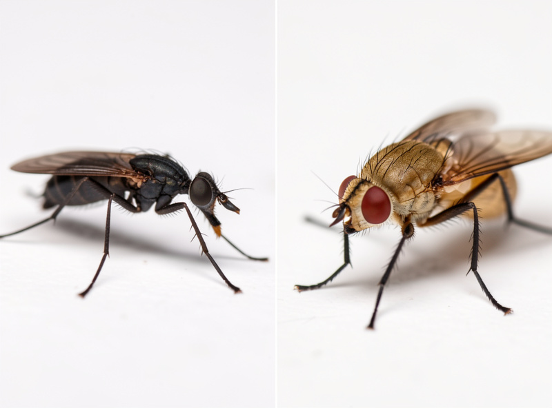 Side-by-side macro comparison of a fungus gnat and fruit fly showing key identification differences
