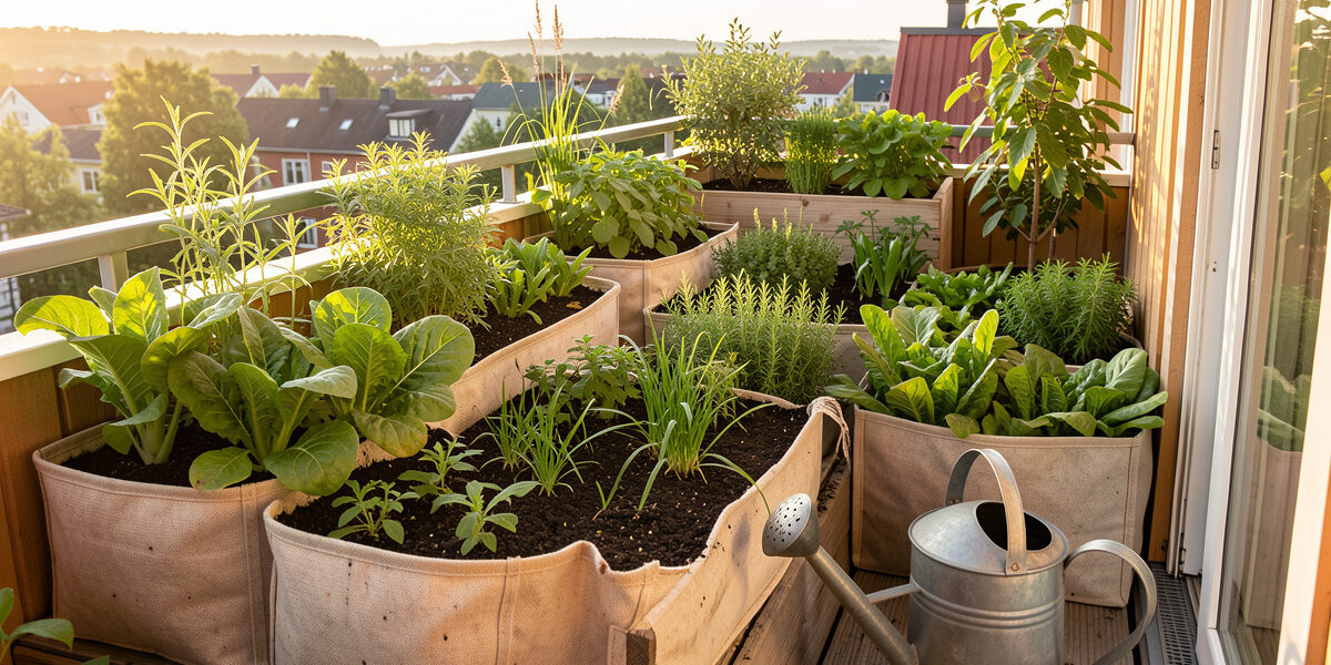 Productive Nordic balcony container garden with rich fertile soil in summer morning light
