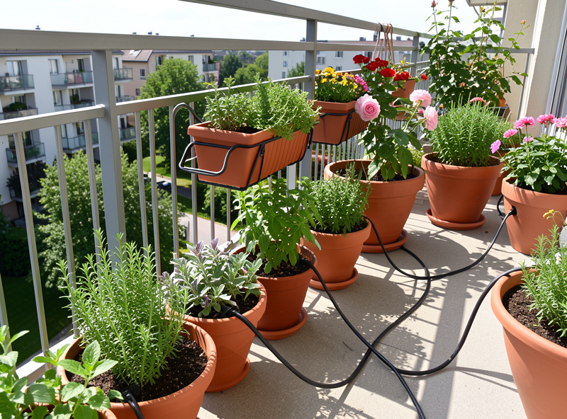 Gardena balcony drip irrigation system with thin tubes running to pots on a sunny apartment balcony
