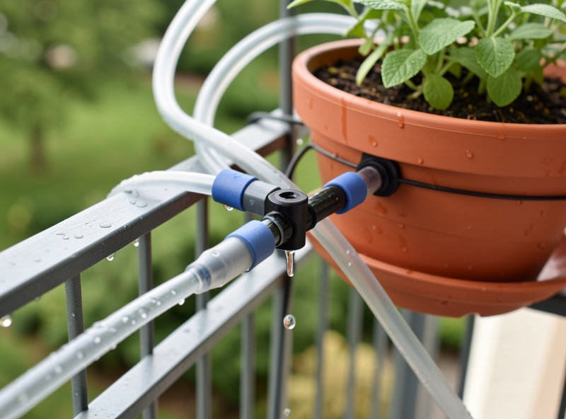 Close-up of Gardena micro-drip drippers and tubing connections running to individual herb pots