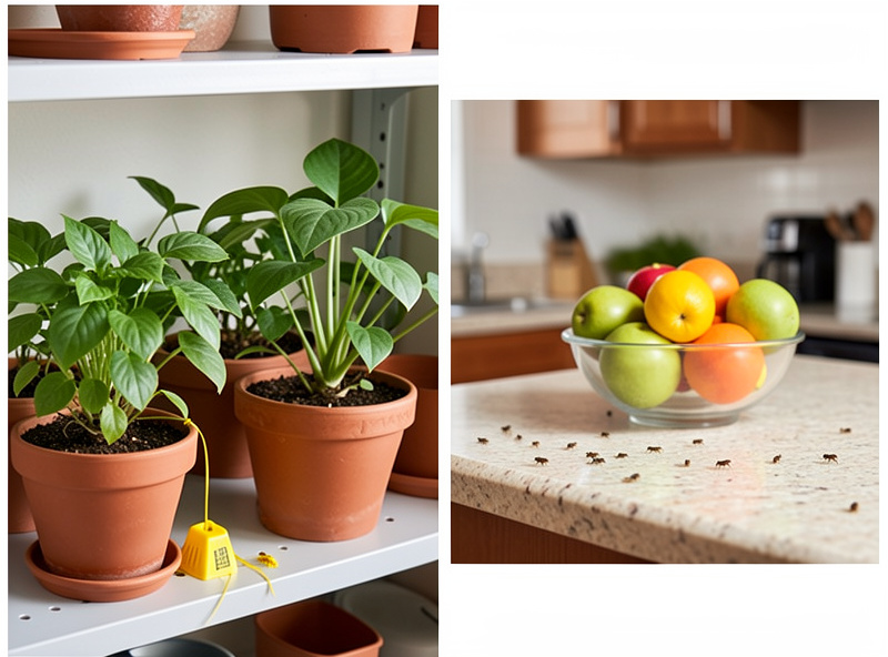 Apartment plant shelf with yellow sticky traps versus kitchen counter with a fruit bowl, illustrating different pest habitats
