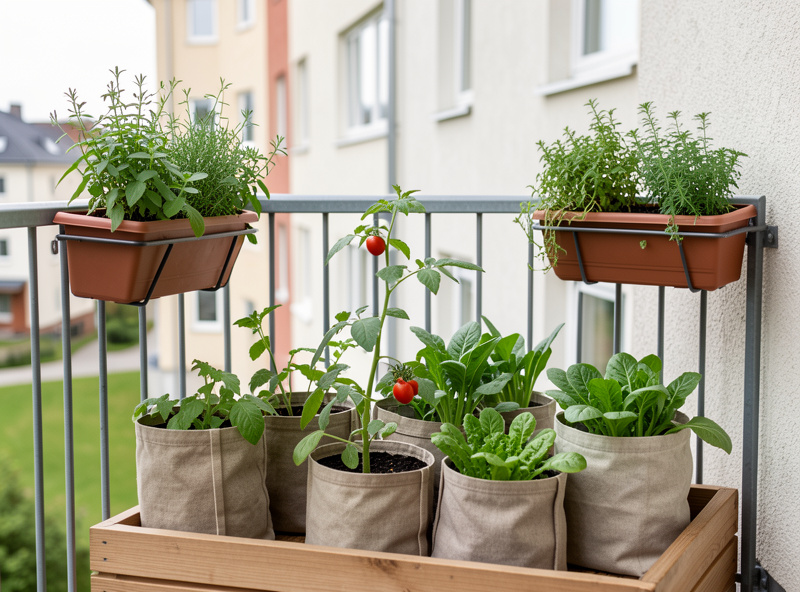 Small apartment balcony with fabric grow bags of leafy greens, a cherry tomato plant, and railing planters of herbs in Nordic daylight