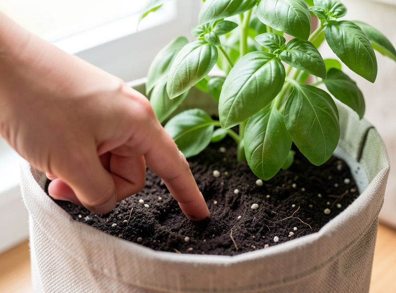 Close-up of a hand performing the finger-test soil-moisture check, index finger pushed into dark potting mix in a fabric grow bag with basil behind
