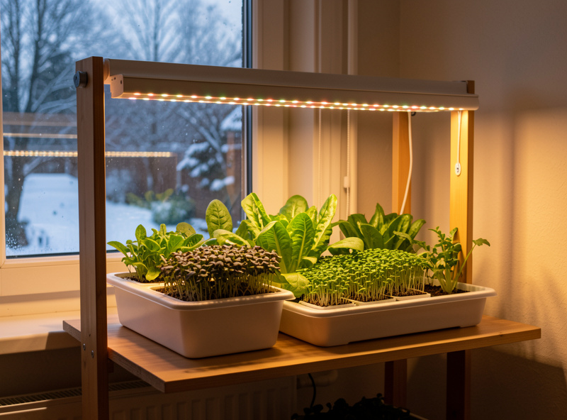 Indoor grow-light shelf with trays of leafy greens and microgreens under a full-spectrum LED bar, a Swedish apartment window with snow outside