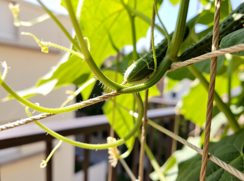Cucumber tendrils wrapping tightly around a metal trellis wire