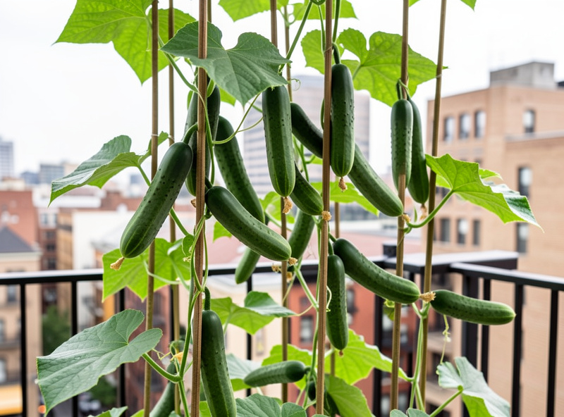 Ripe green cucumbers hanging from trellis ready for harvest