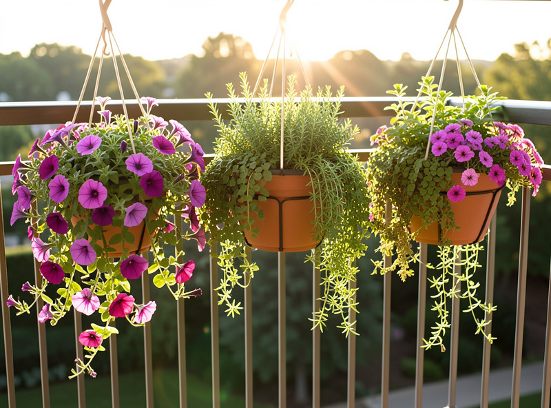Three hanging railing planters overflowing with trailing petunias and culinary herbs mounted on a balcony railing in morning sunlight