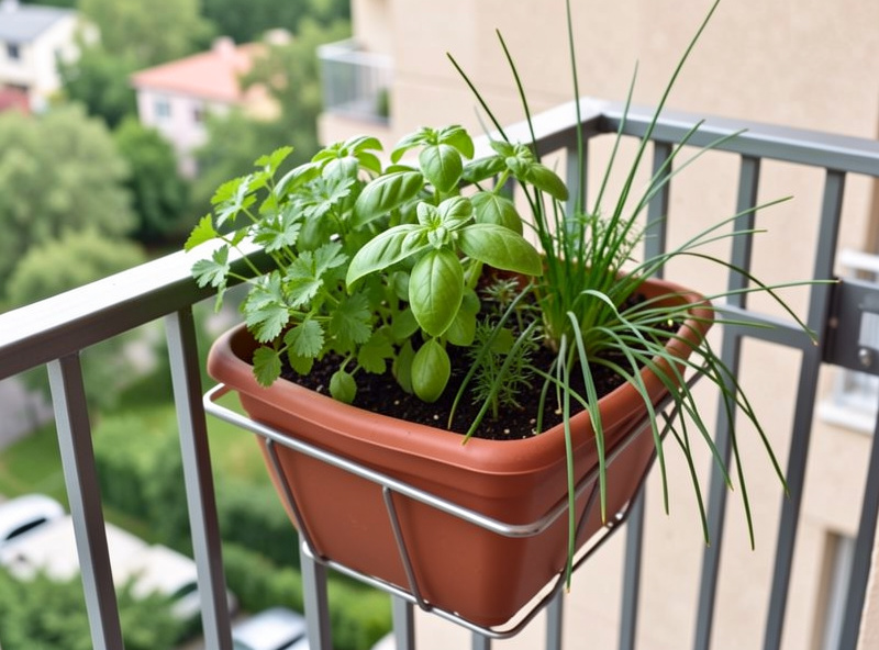 Close-up of a self-watering railing planter with healthy basil parsley and chives growing on an apartment balcony railing with metal bracket visible