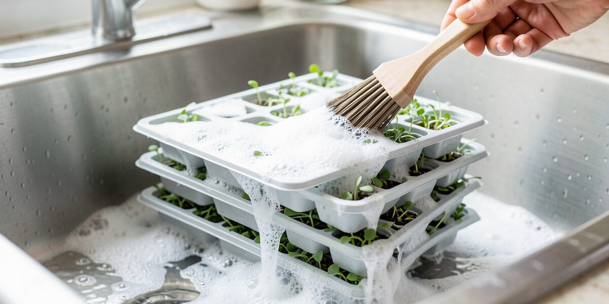 Stacked 1020 microgreen trays being scrubbed clean in a kitchen sink with hot soapy water and a brush