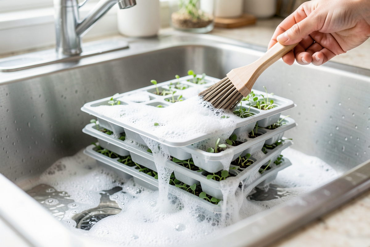 Stacked 1020 microgreen trays being scrubbed clean in a kitchen sink with hot soapy water and a brush
