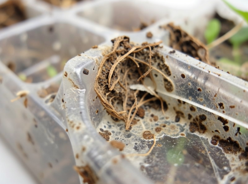 Close-up of a dried root mat and biofilm crust stuck in the corner of a used microgreen tray before cleaning