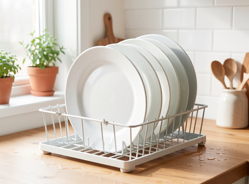 Clean sanitized 1020 trays drying upright in a dish rack in a bright kitchen with water droplets