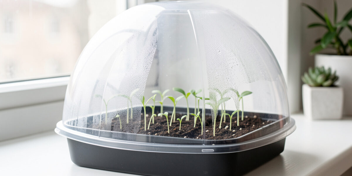 A clear humidity dome over a seed tray on a bright windowsill with condensation inside and seedlings emerging